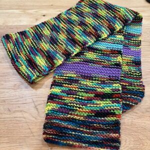 Handmade Knit Scarf Multi Color Variegated Garter Stitch Chunky Winter Wrap 64"